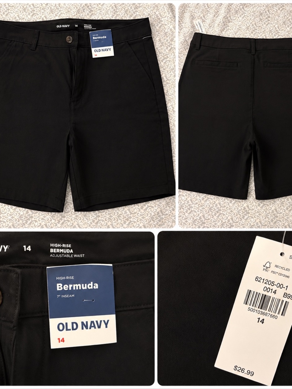 NWT Old Navy High Rise Bermuda Shorts Black Size 14 7” Inseam